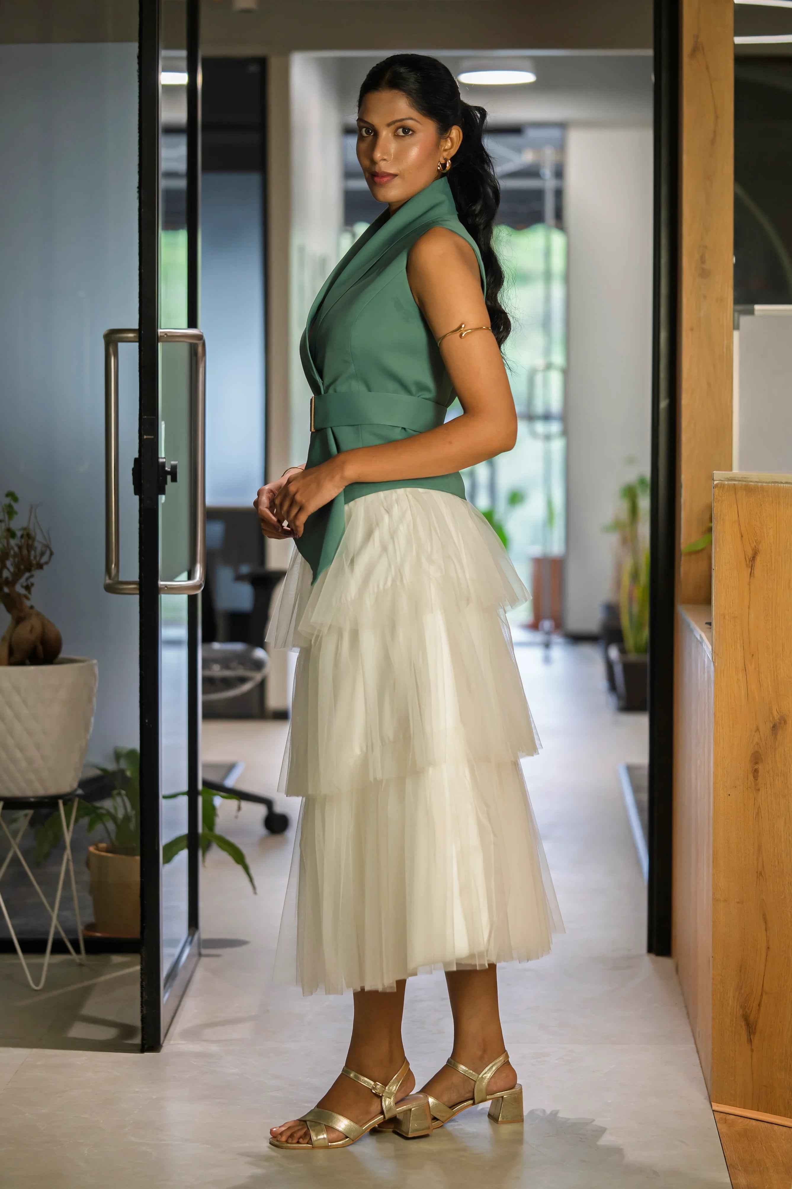 Ivory Layer Skirt & Sea-Green Waist Coat – Fresh Elegance