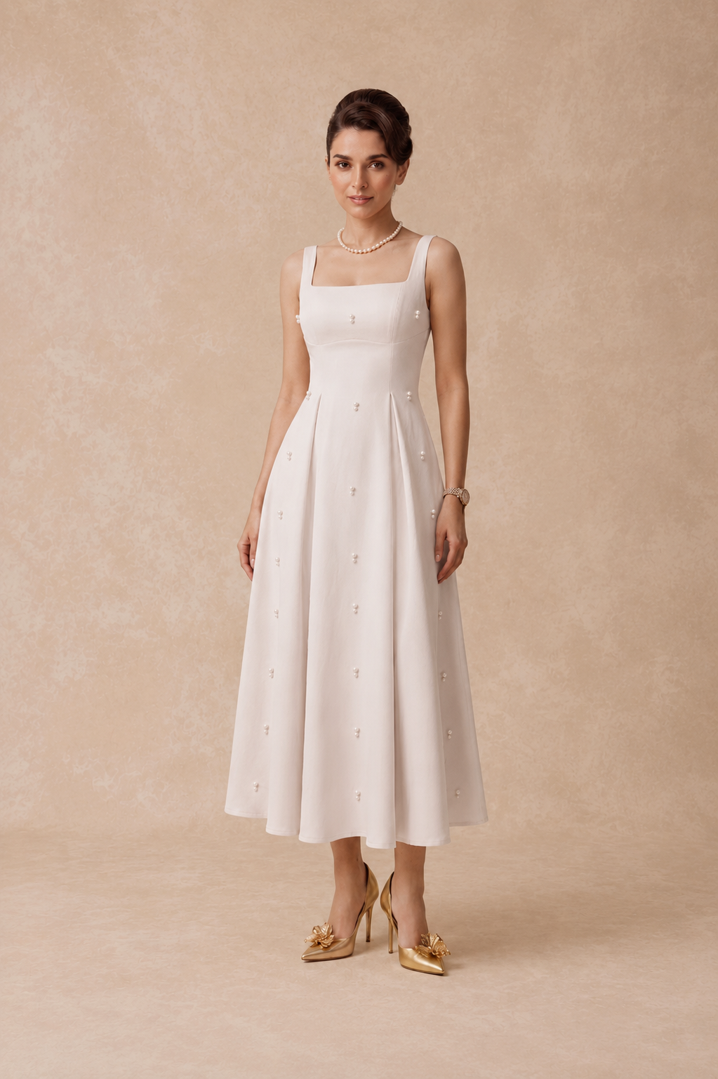 Pearl Blossom Embellished Dress –Ivory