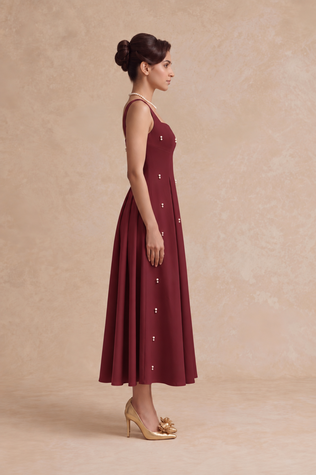Pearl Blossom Embellished Dress – Wine