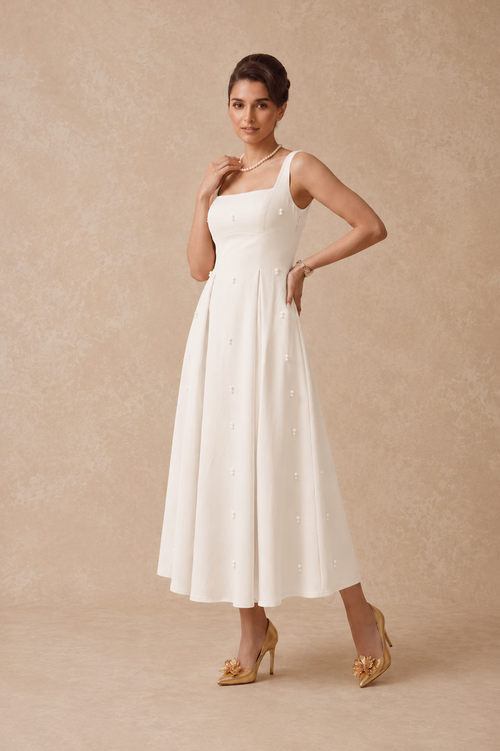 Pearl Blossom Embellished Dress –Ivory