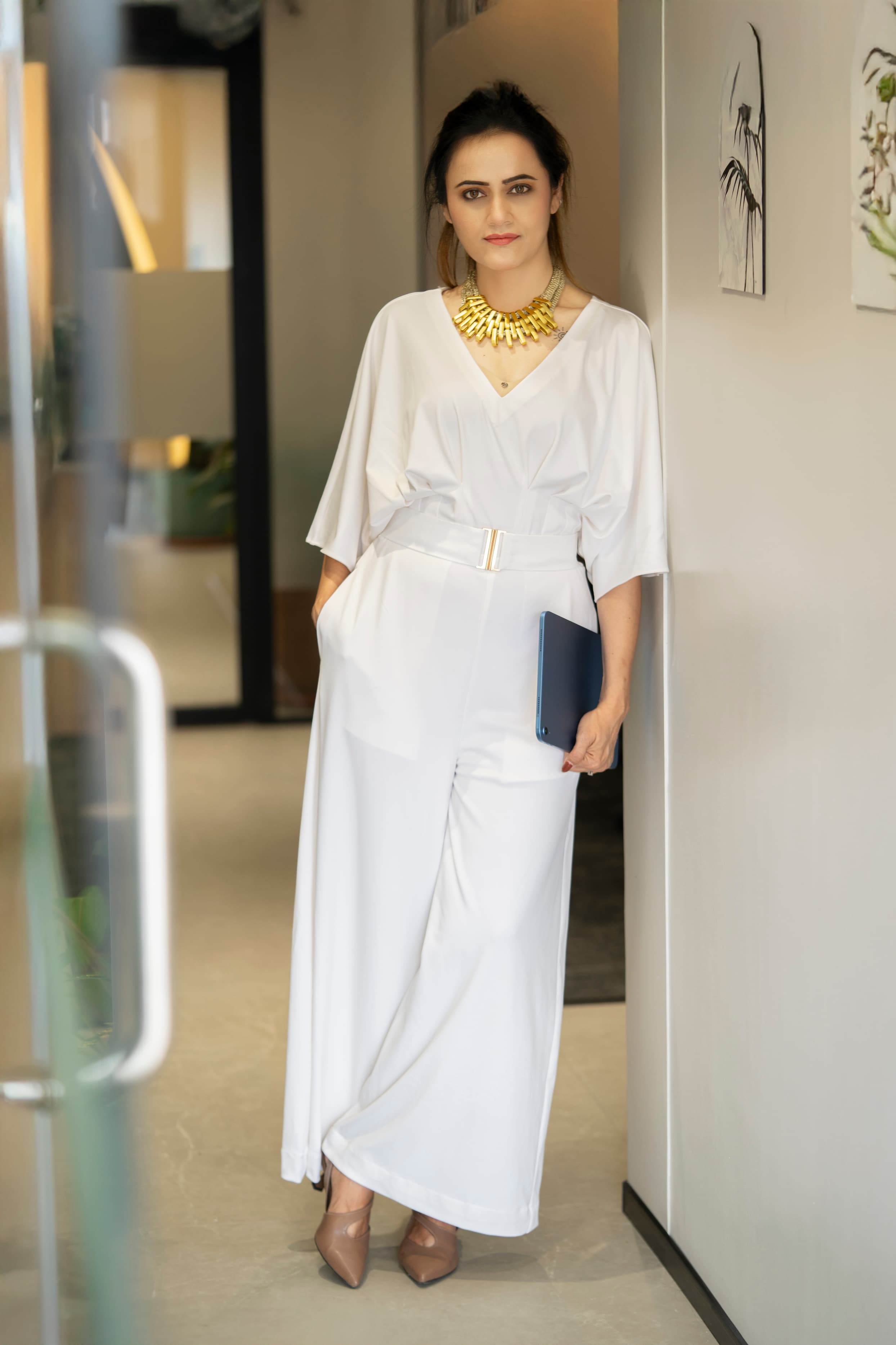 White v-neck jumpsuit