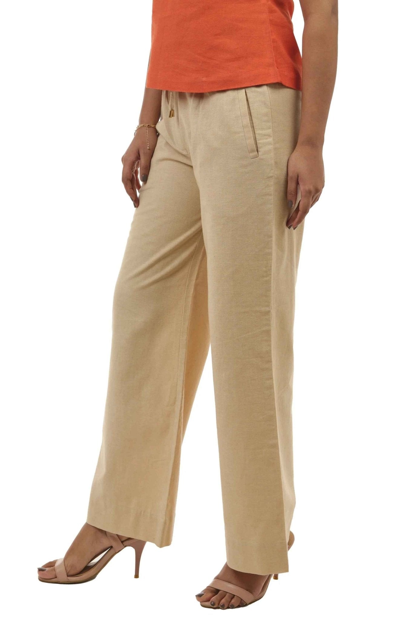 Beige Linen Flared Pants for Women – Lightweight Casual Wear