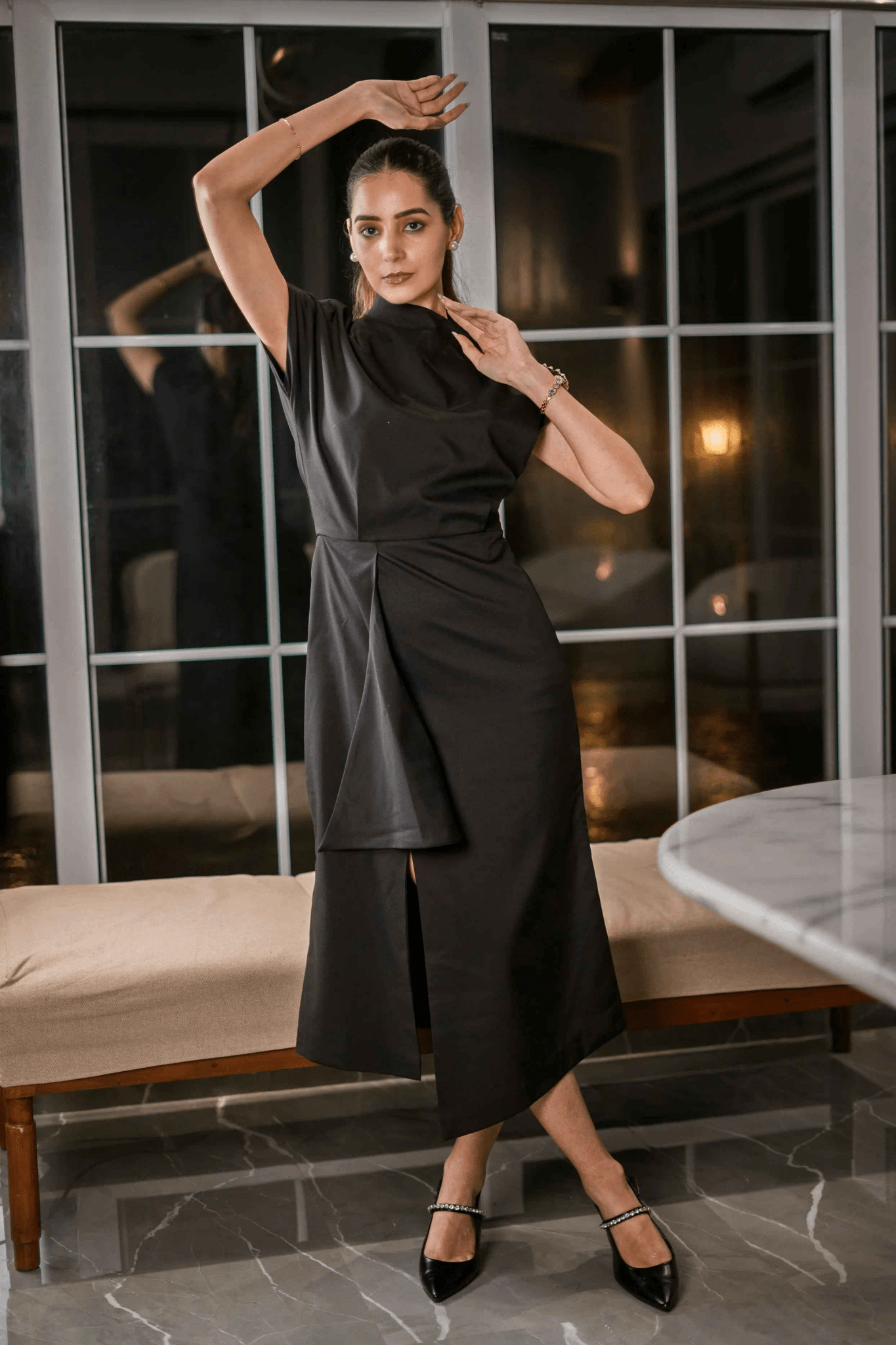 Black One - Shoulder Draped Midi Dress