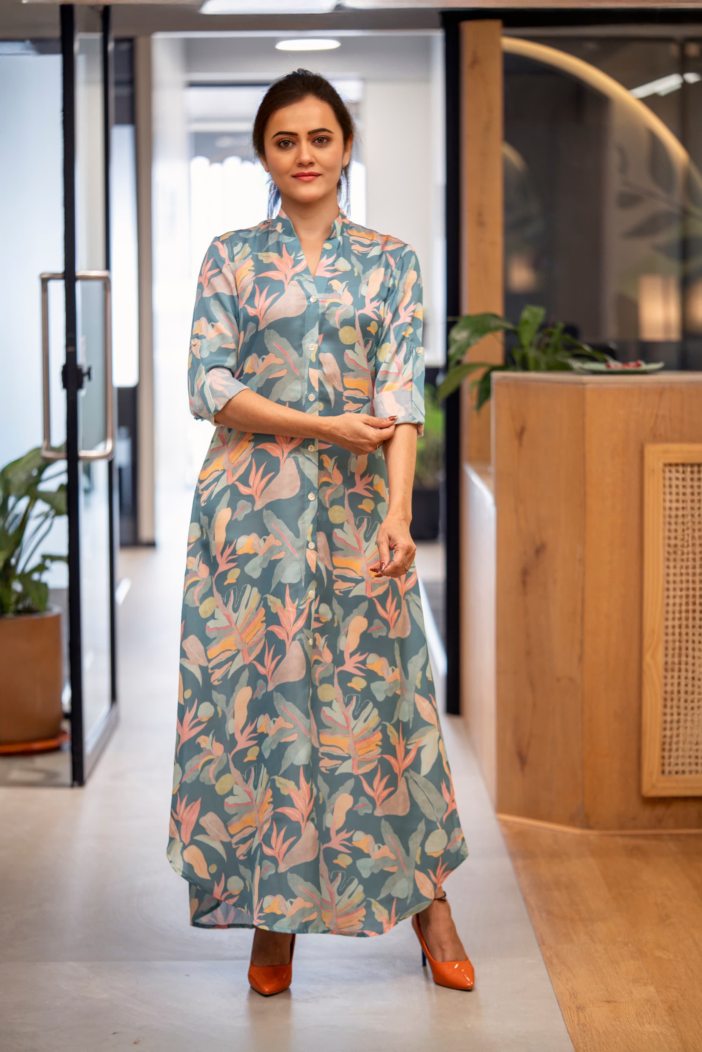 blue printed long a-line dress