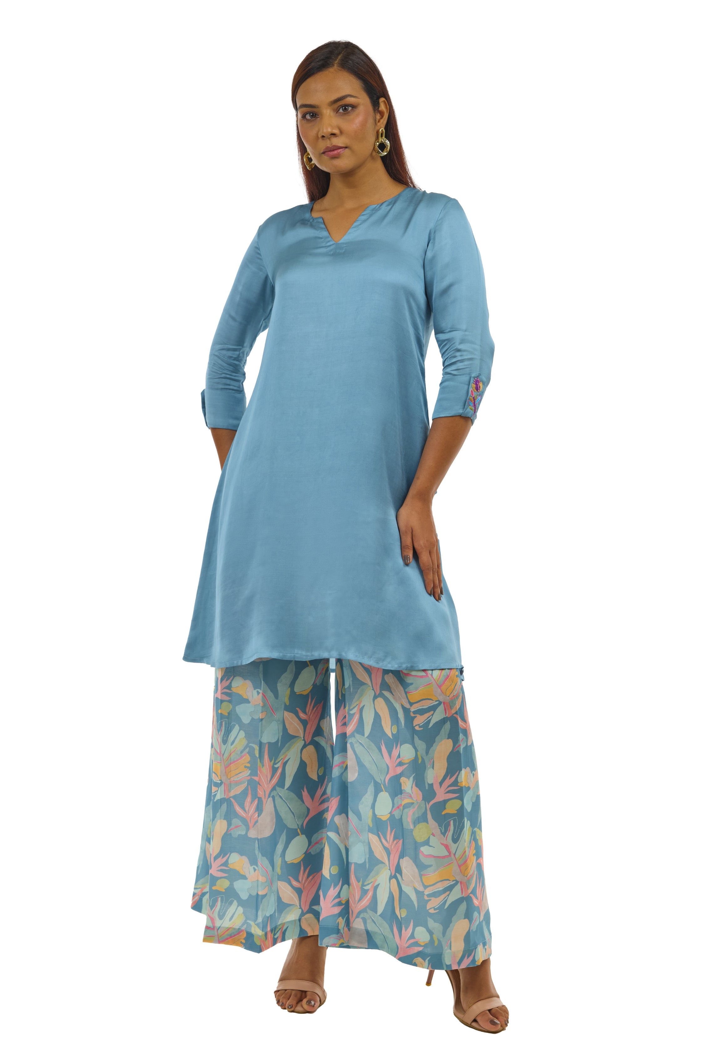 blue satin kurta set for women