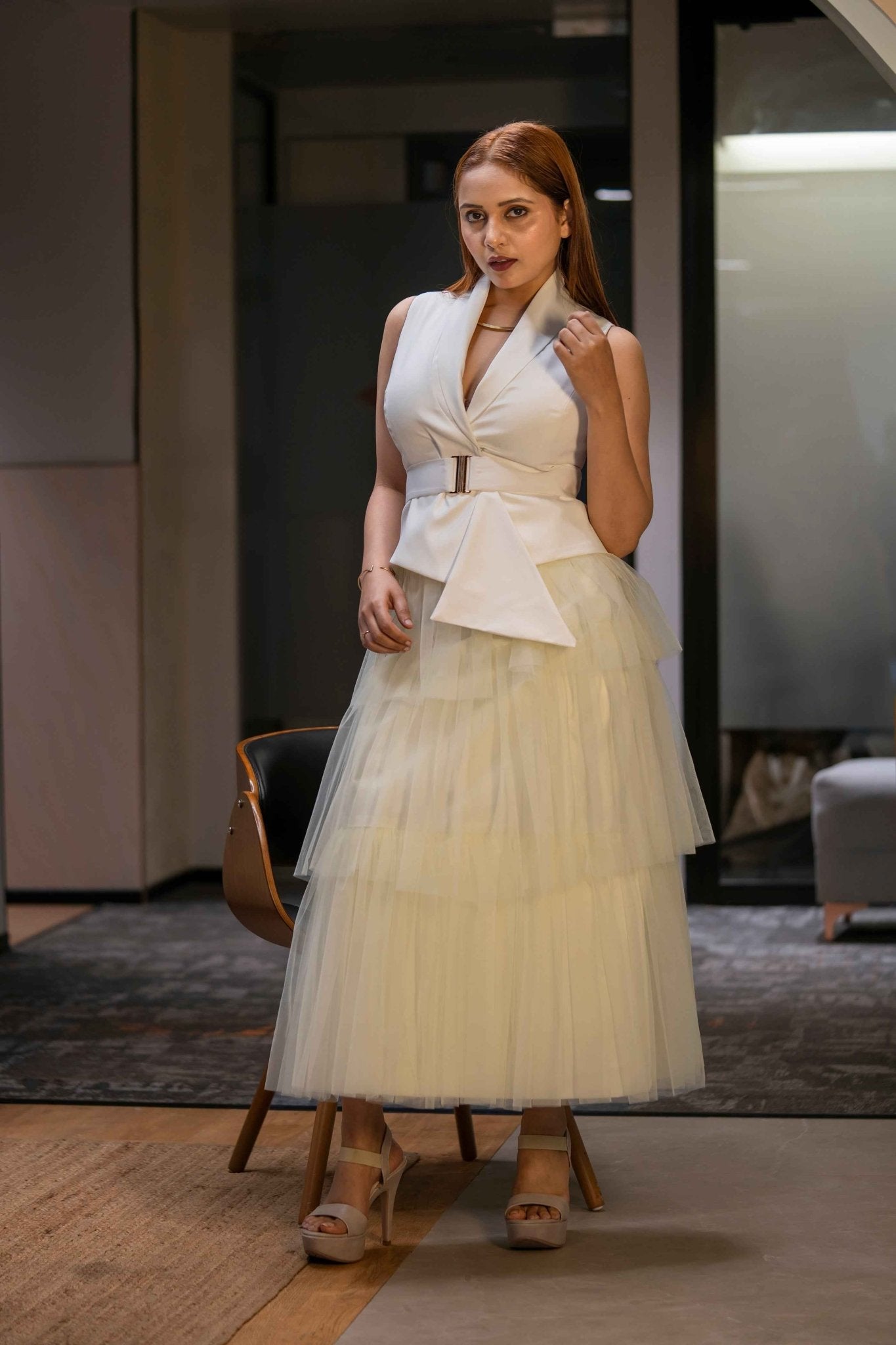 Butter yellow Layer skirt & Ivory waist coat - Soft Contrast