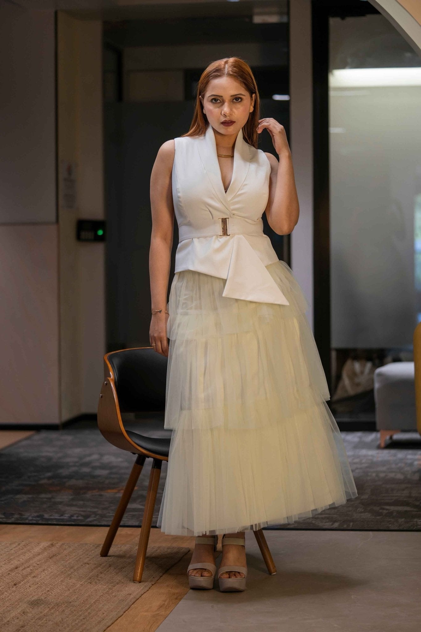 Butter yellow Layer skirt & Ivory waist coat - Soft Contrast