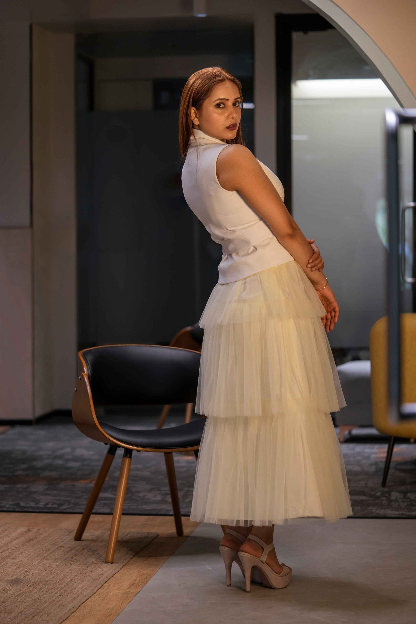 Butter yellow Layer skirt & Ivory waist coat - Soft Contrast