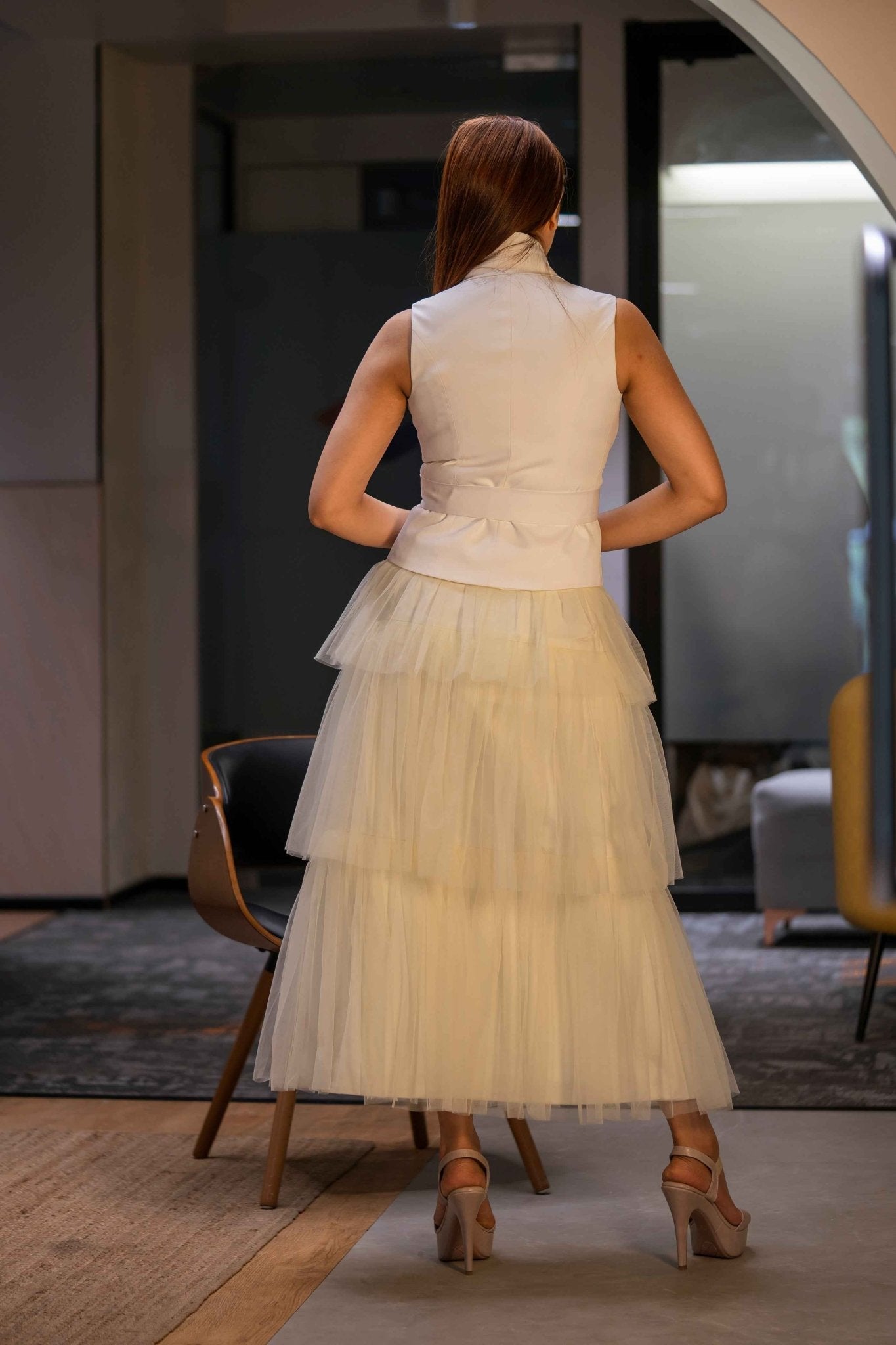 Butter yellow Layer skirt & Ivory waist coat - Soft Contrast