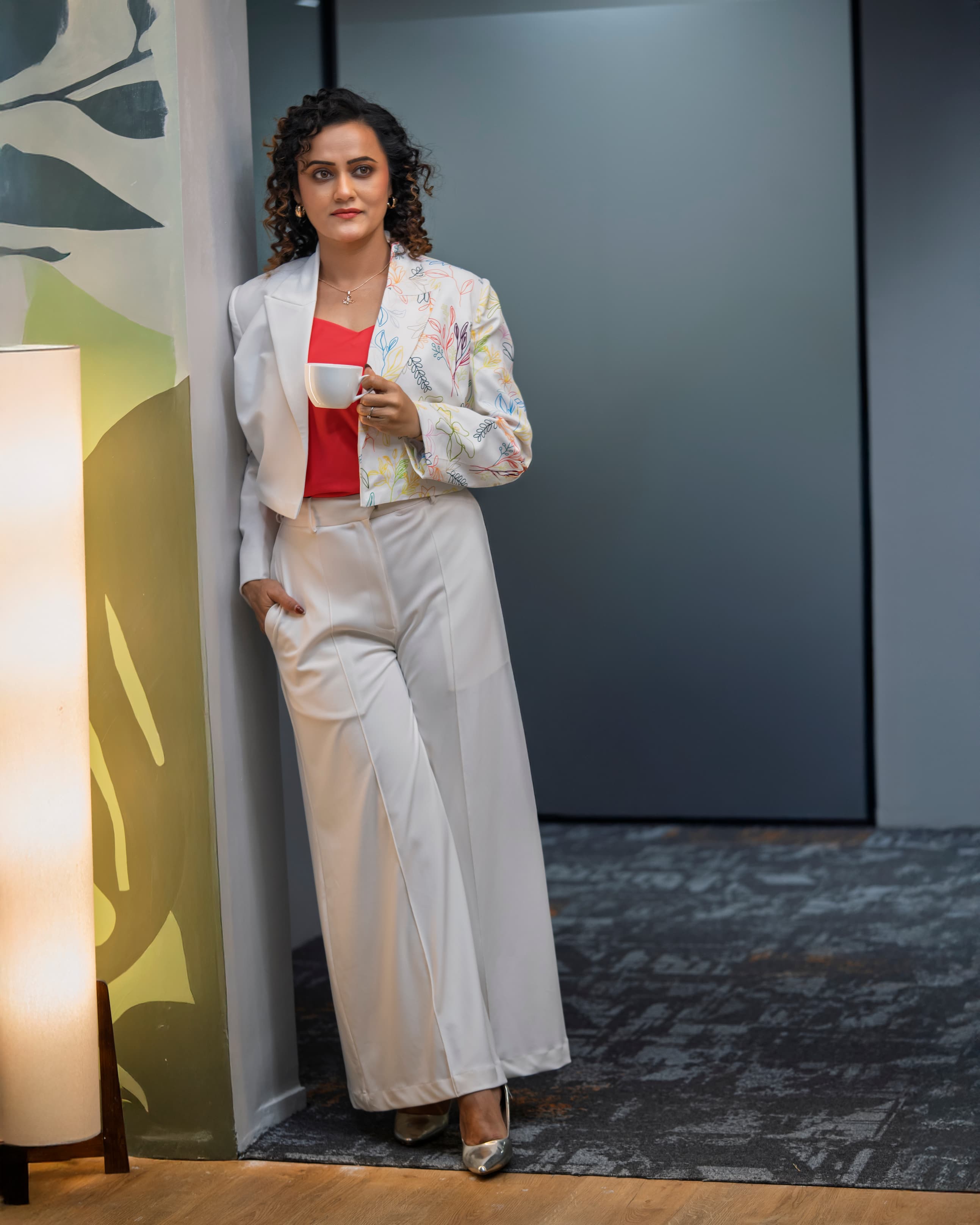 high waist pant, coral top with printed jacket