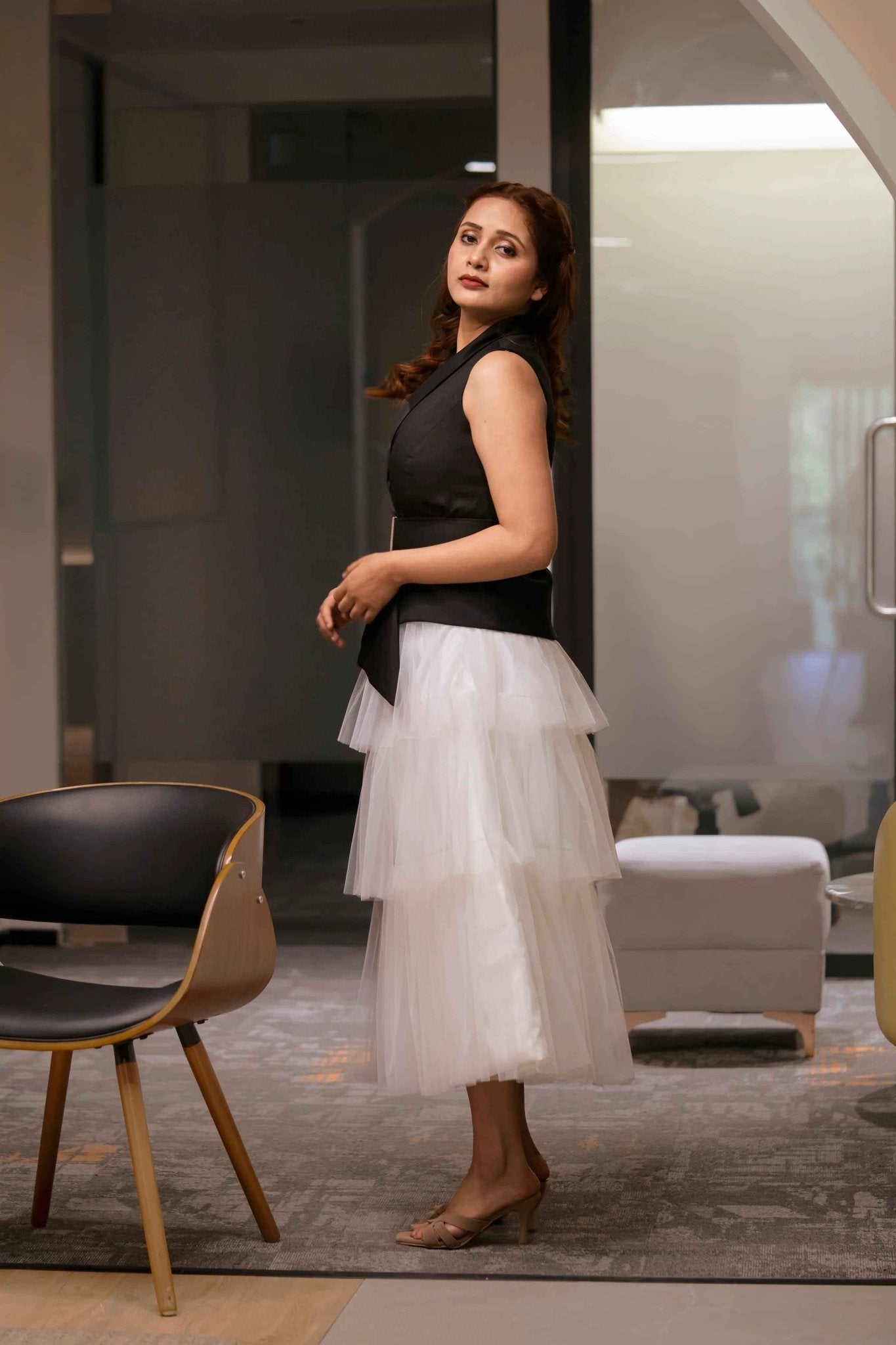 Ivory layer skirt & Black Waist Coat - Timeless Pairing