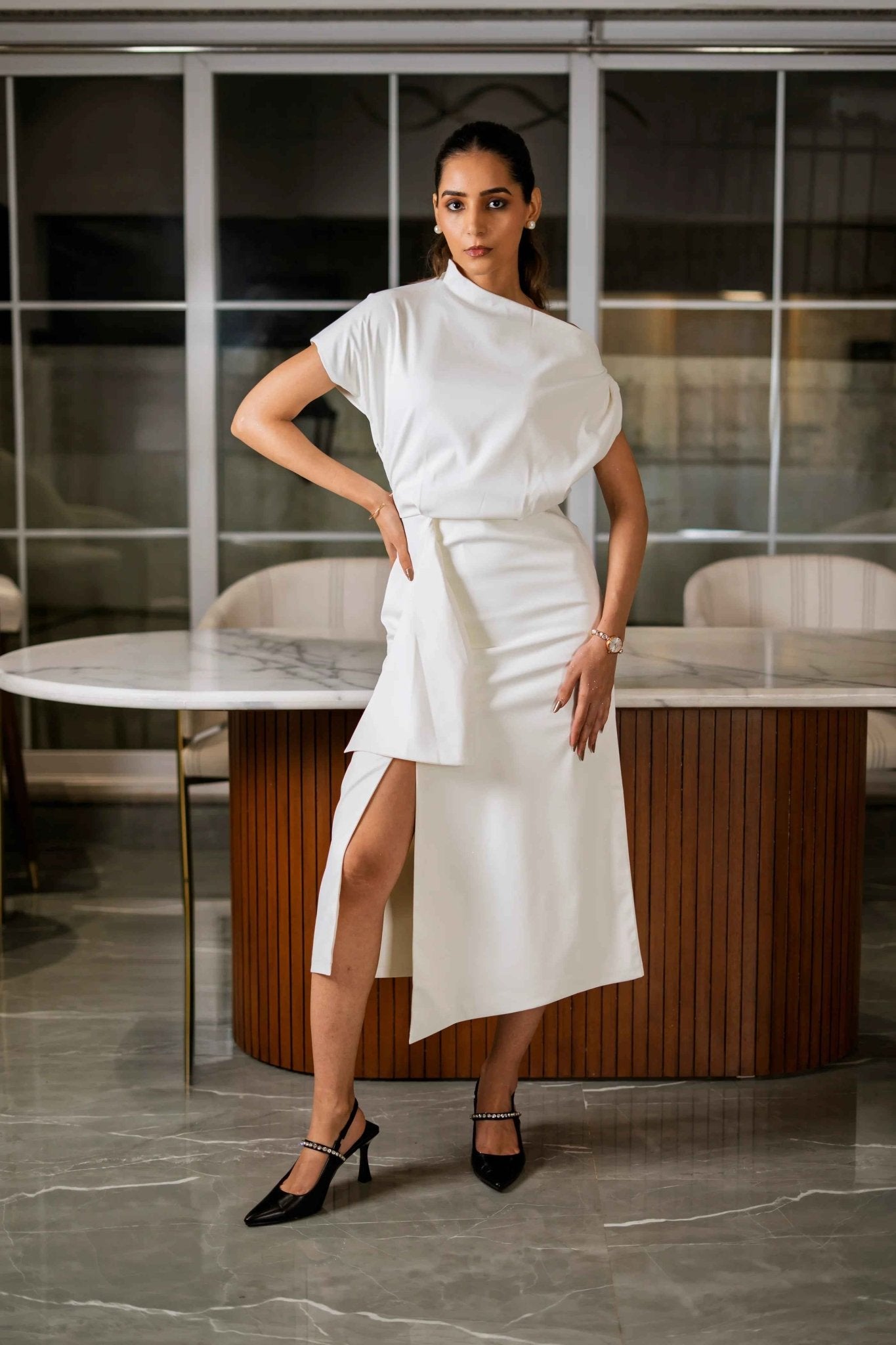 Ivory One - Shoulder Draped Midi Dress