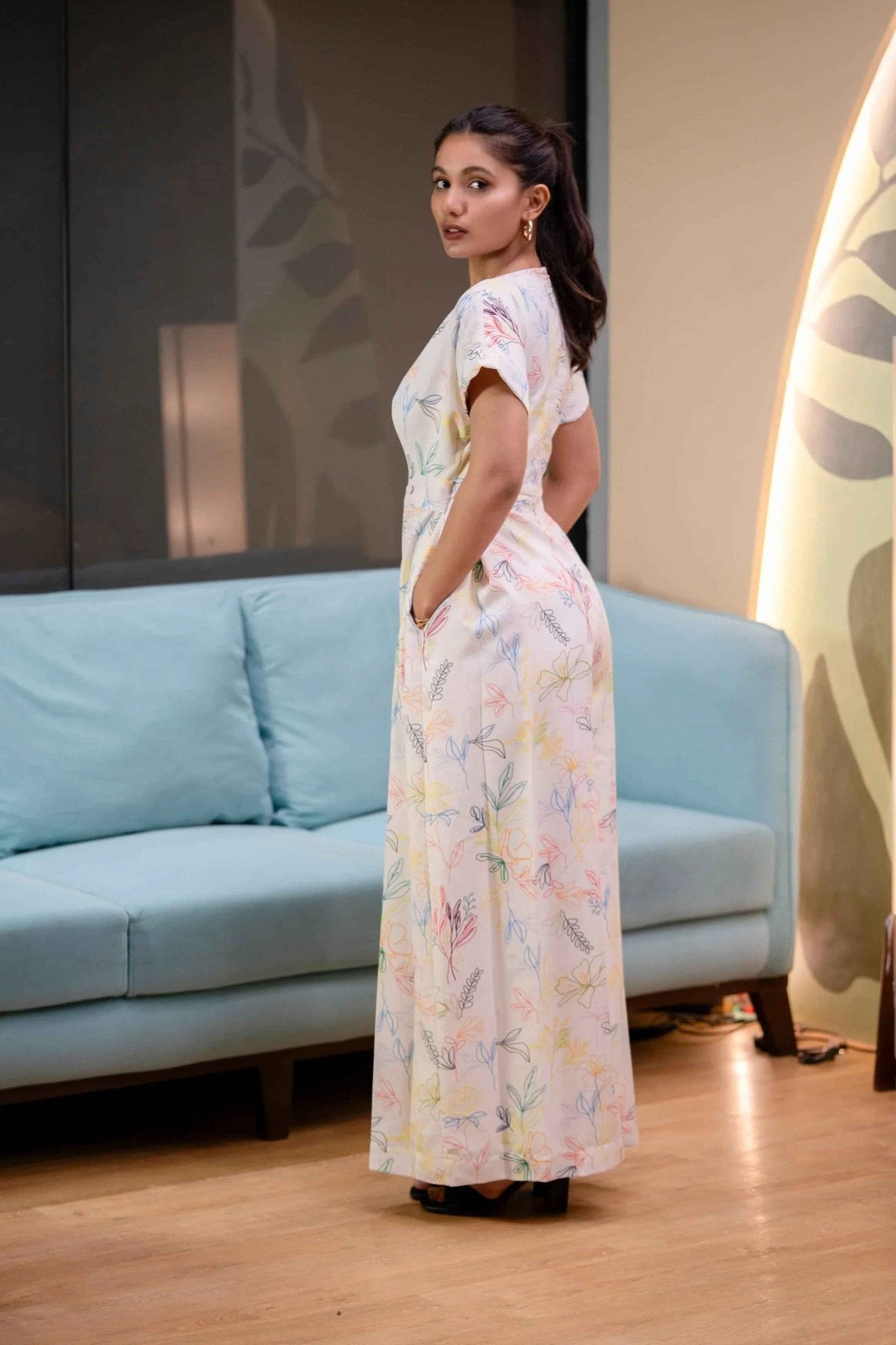 Ivory Printed Cotton Twill Jumpsuit