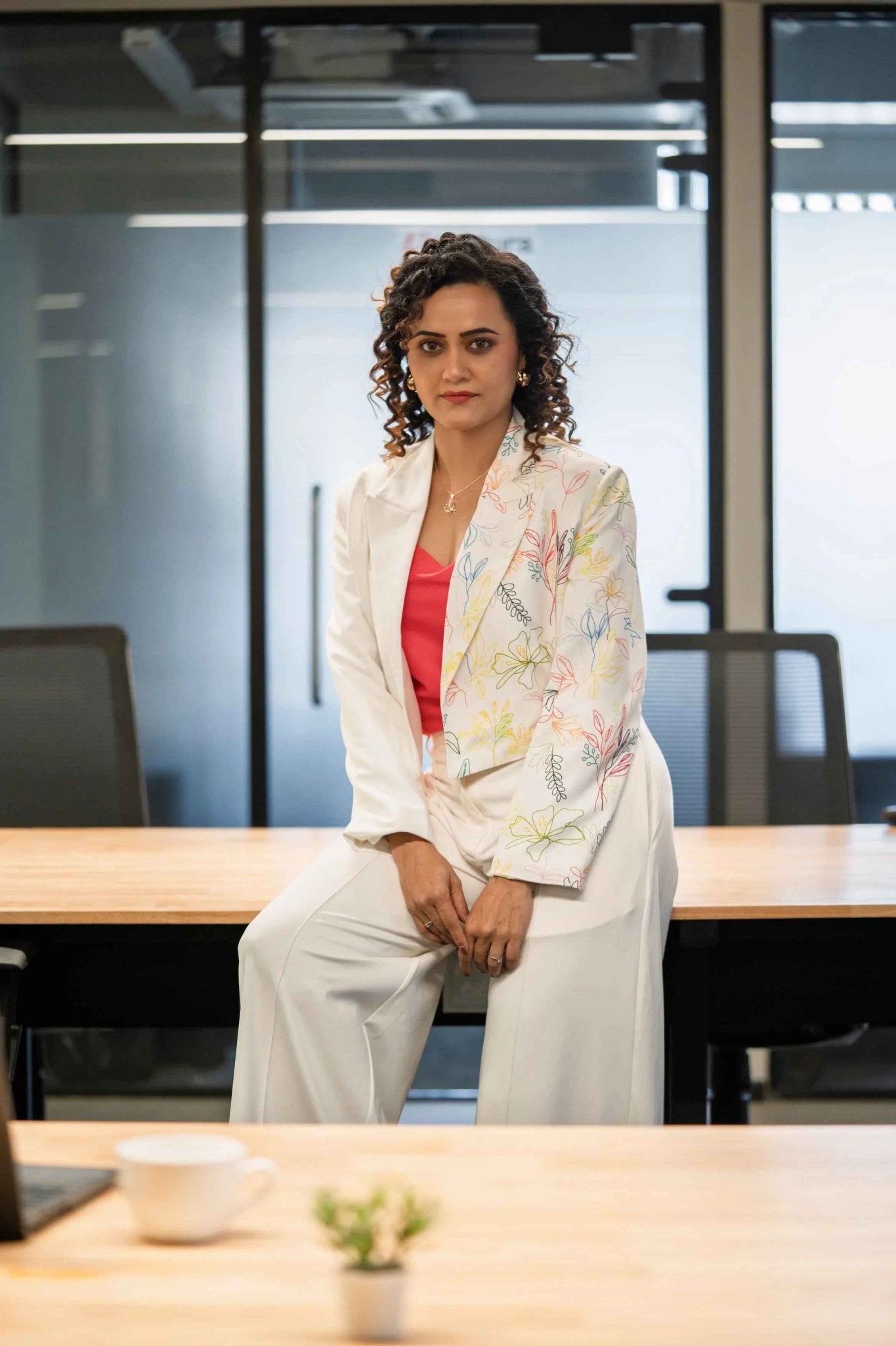 Ivory Printed Jacket Women – Stylish Workwear Blazer Coat