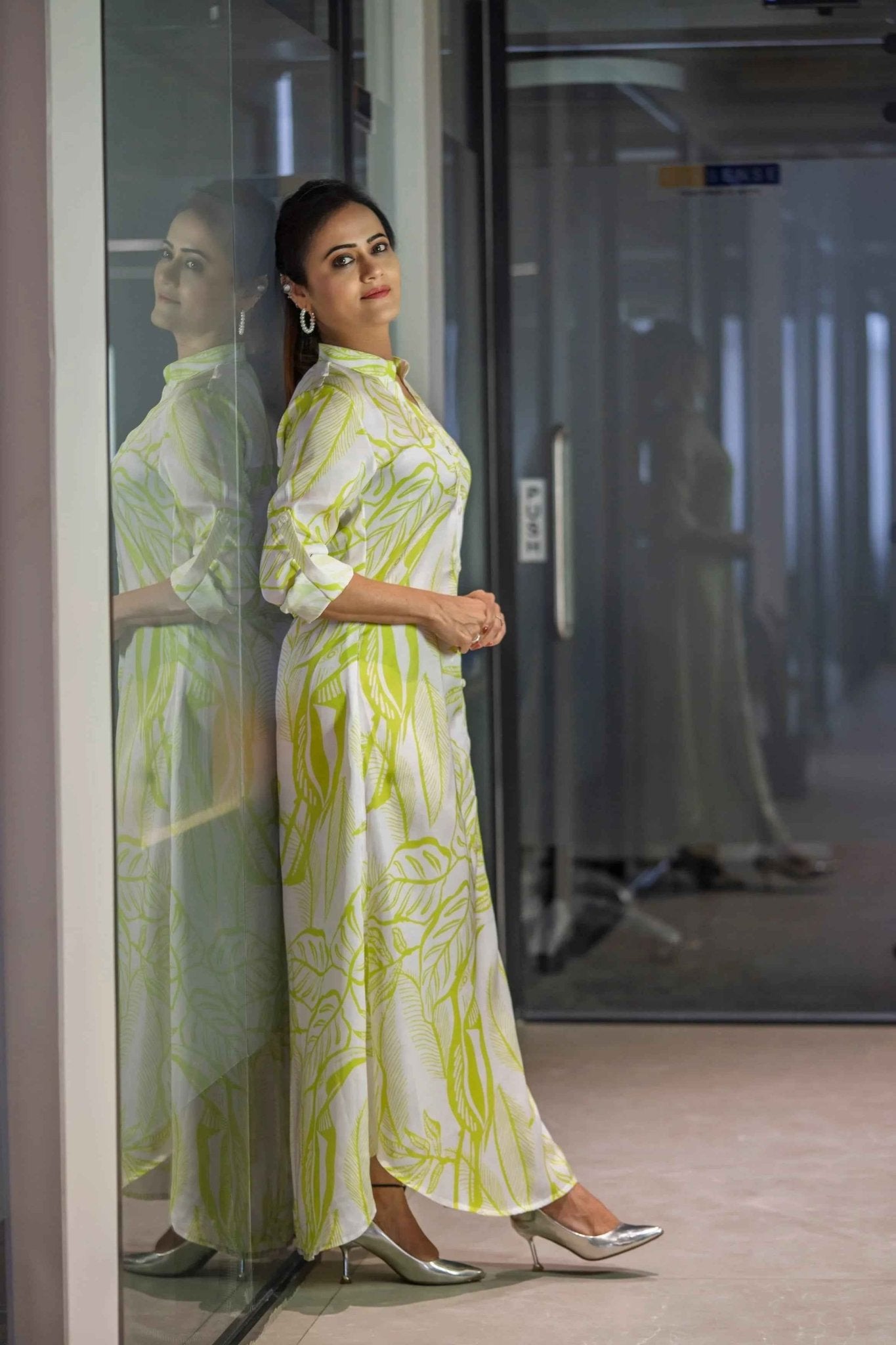 Leaf Story Shirt Dress - A - Line Grace in Satin