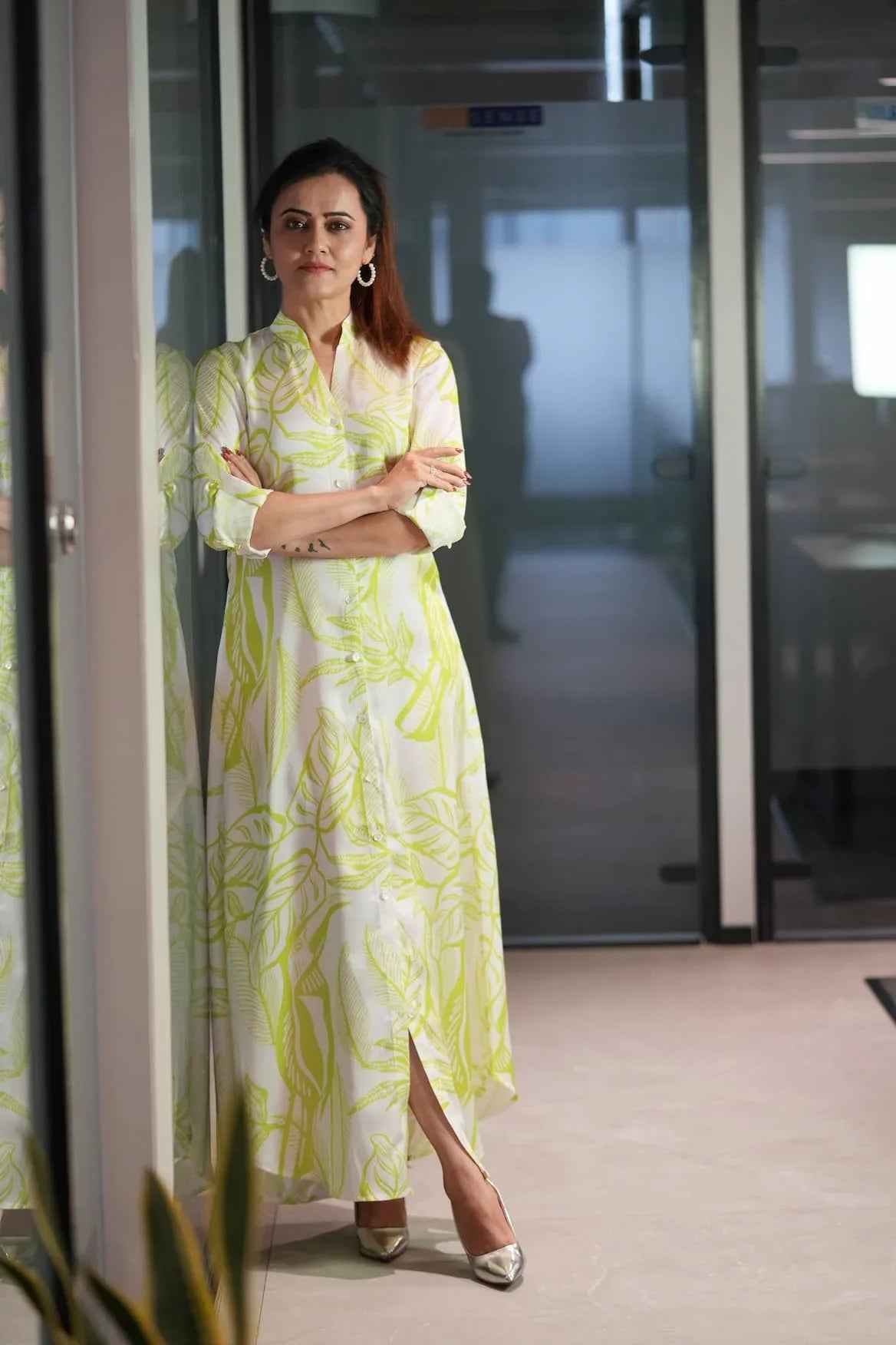 Leaf Story Shirt Dress - A - Line Grace in Satin