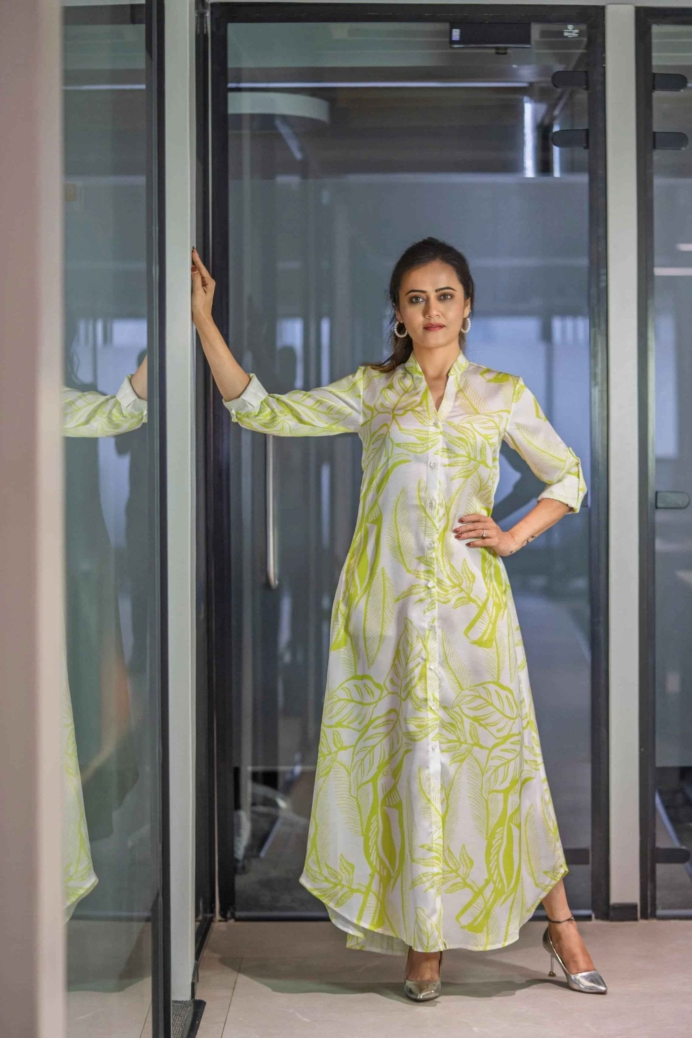 Leaf Story Shirt Dress - A - Line Grace in Satin