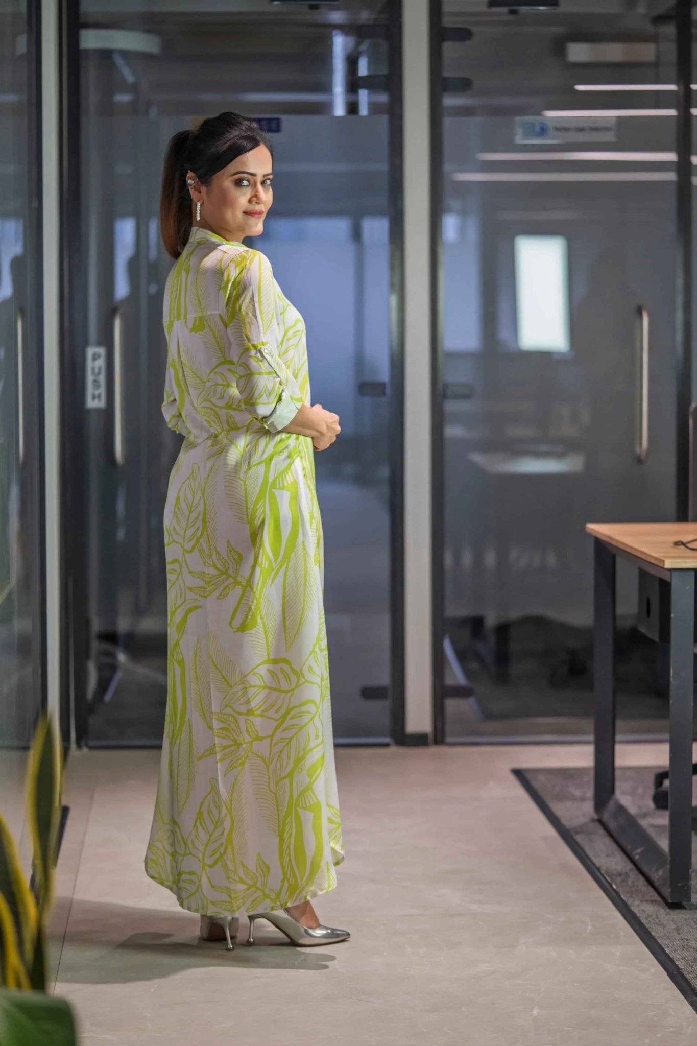 Leaf Story Shirt Dress - A - Line Grace in Satin