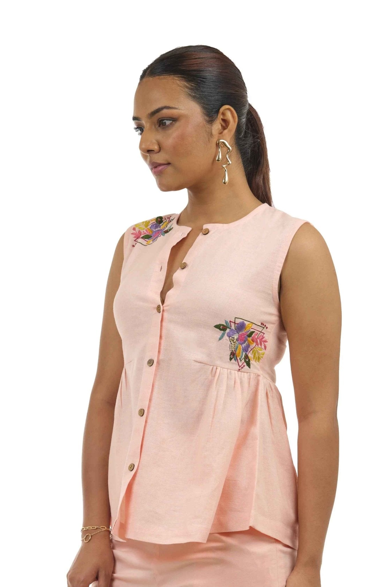 Peach Linen Embroidered Top – Elegant & Chic for Women