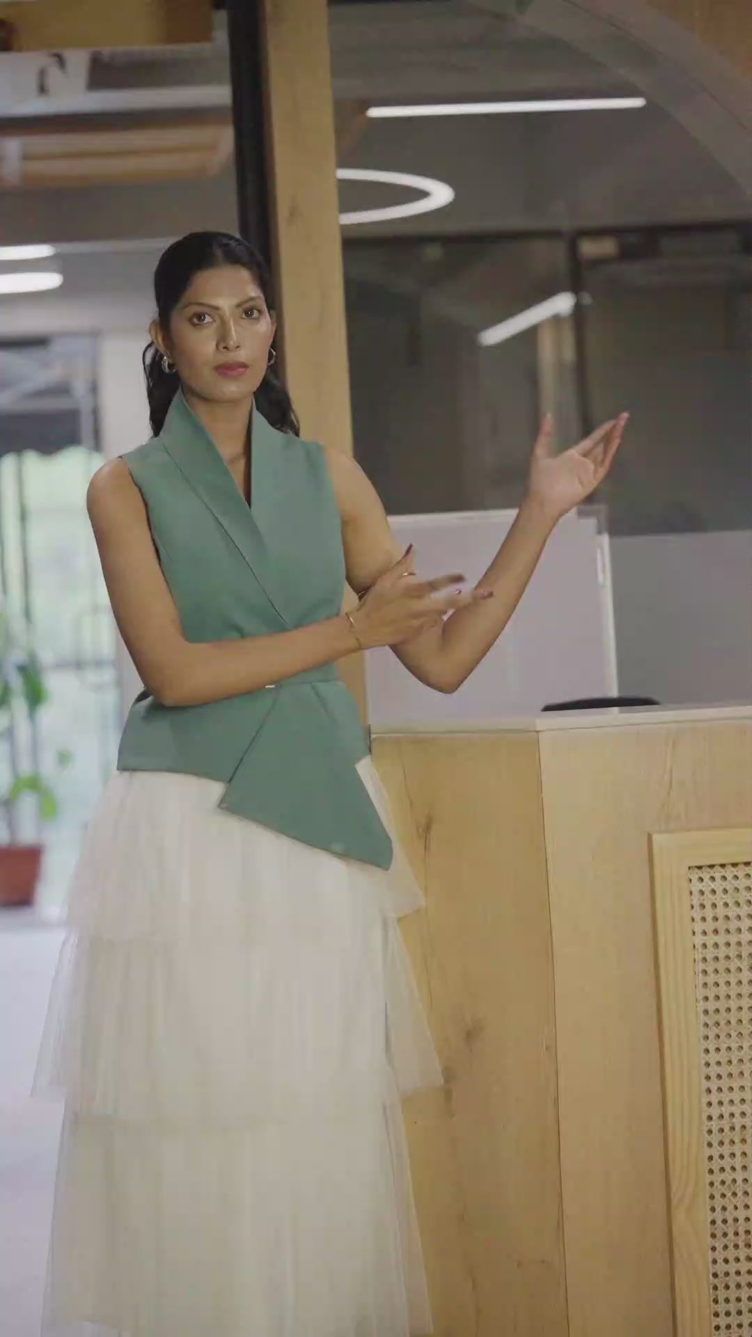 Ivory Layer Skirt & Sea-Green Waist Coat – Fresh Elegance