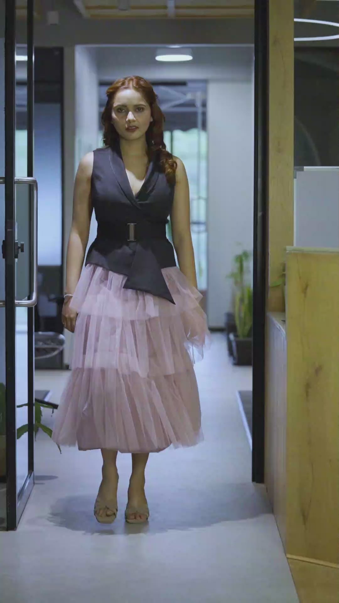 Salmon Pink Layer skirt & Black WaistCoat – A Chic Contrast