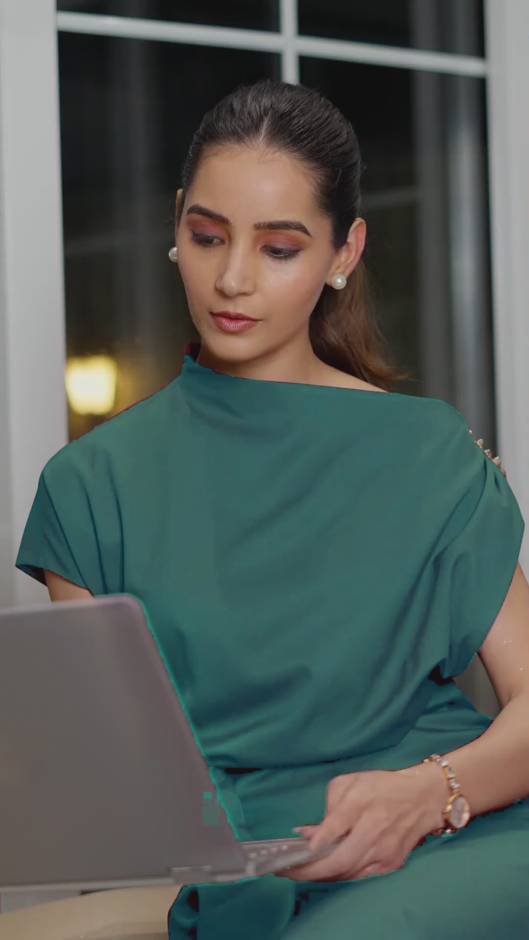 Sea-Green One-Shoulder Draped Midi Dress