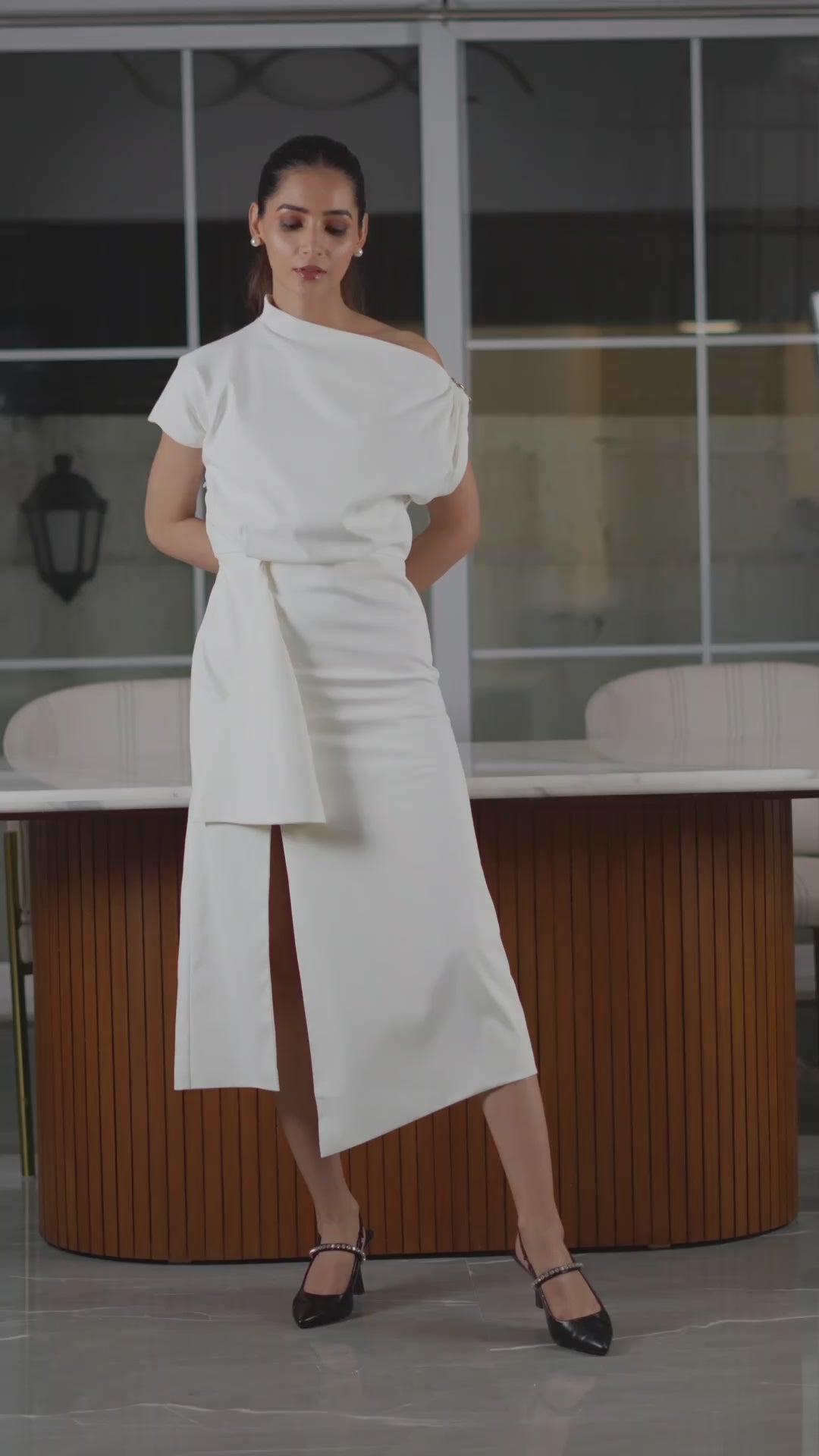 Ivory One-Shoulder Draped Midi Dress