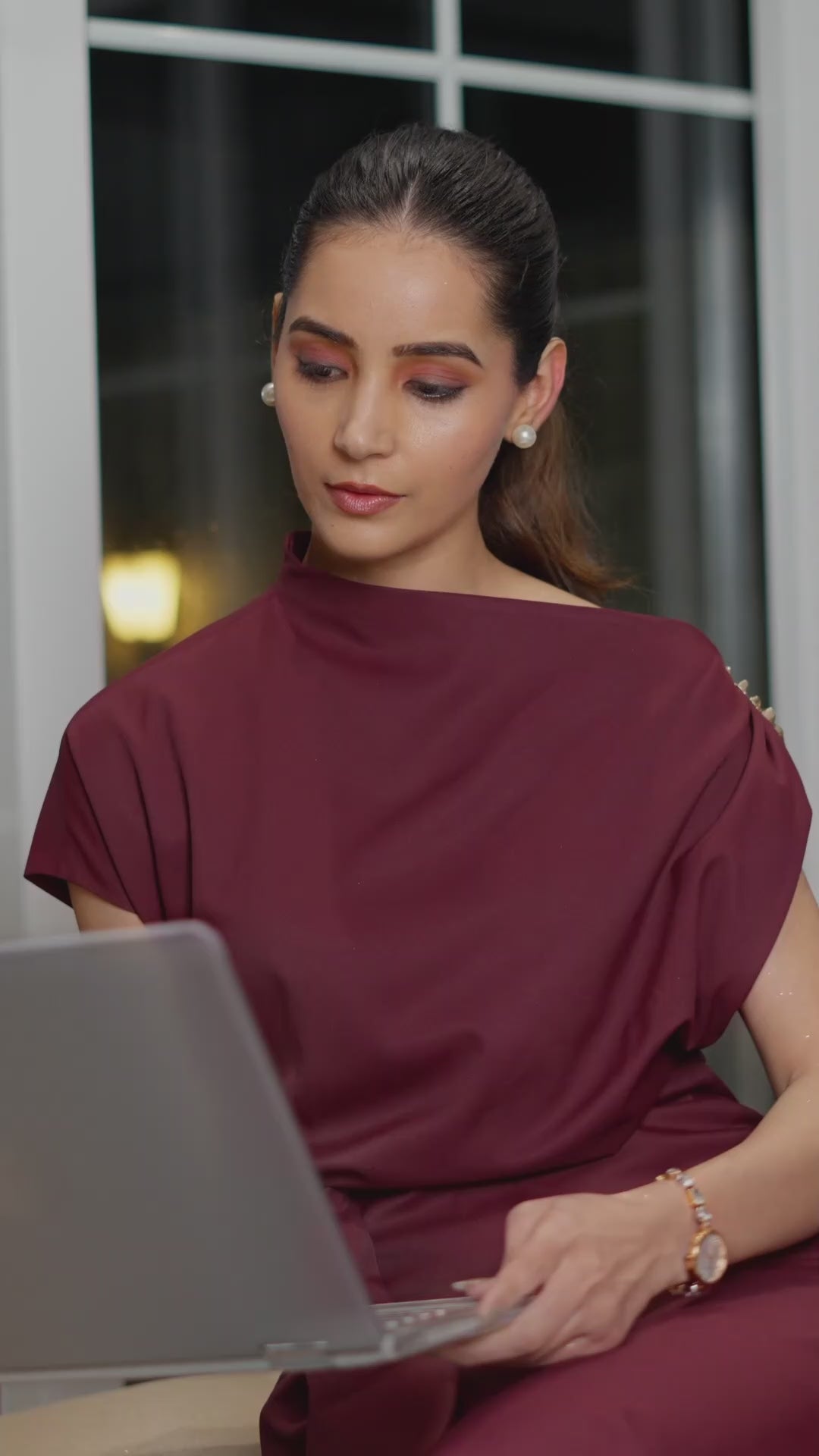 Wine One-Shoulder Draped Midi Dress