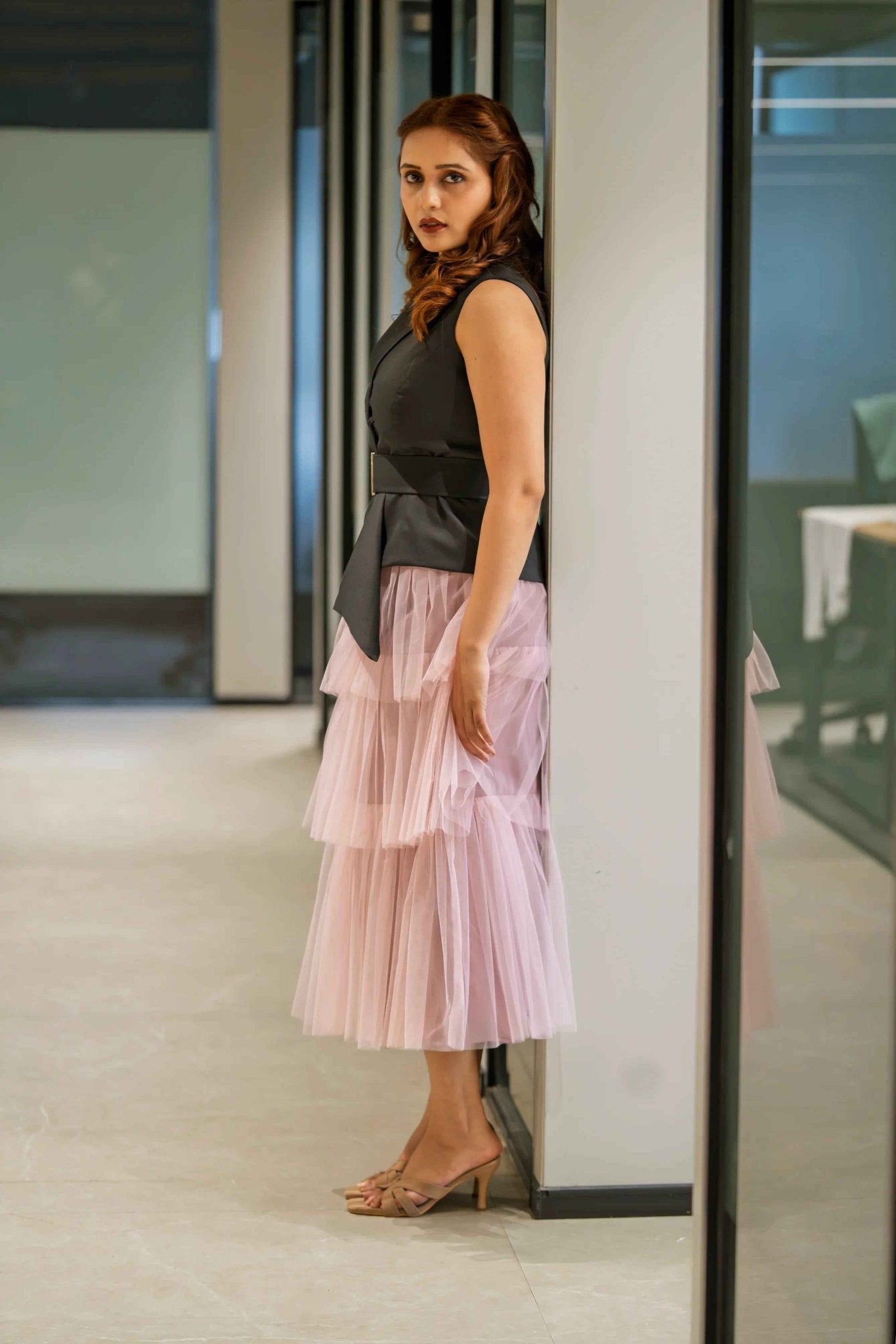 Salmon Pink Layer skirt & Black WaistCoat – A Chic Contrast