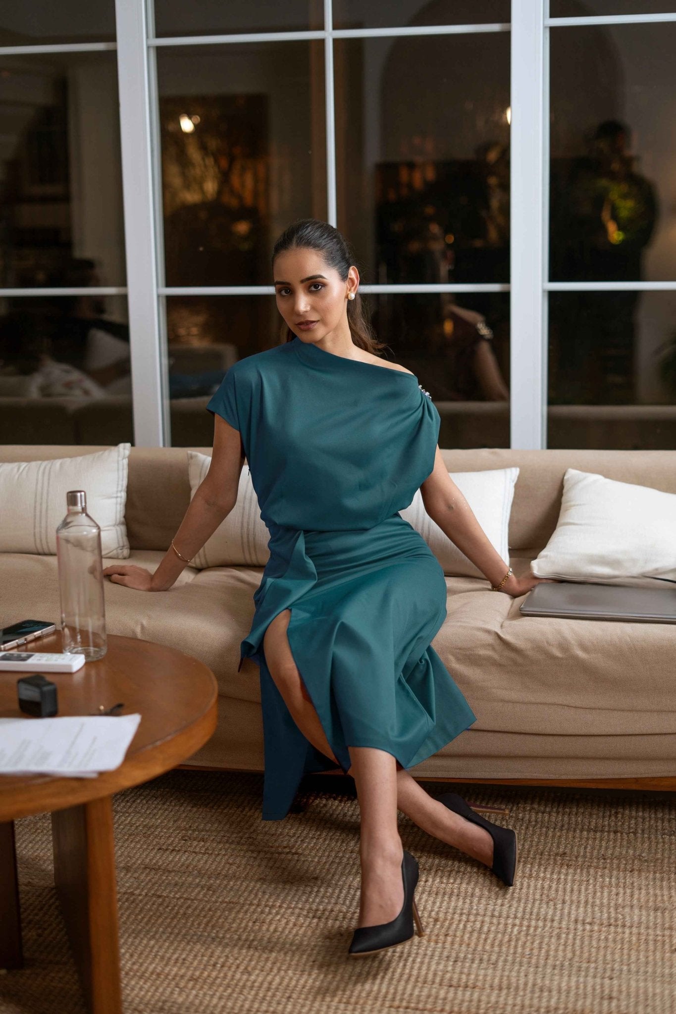 green one shoulder midi dress Luxx One Shoulder Satin Midi Dress Emerald Green