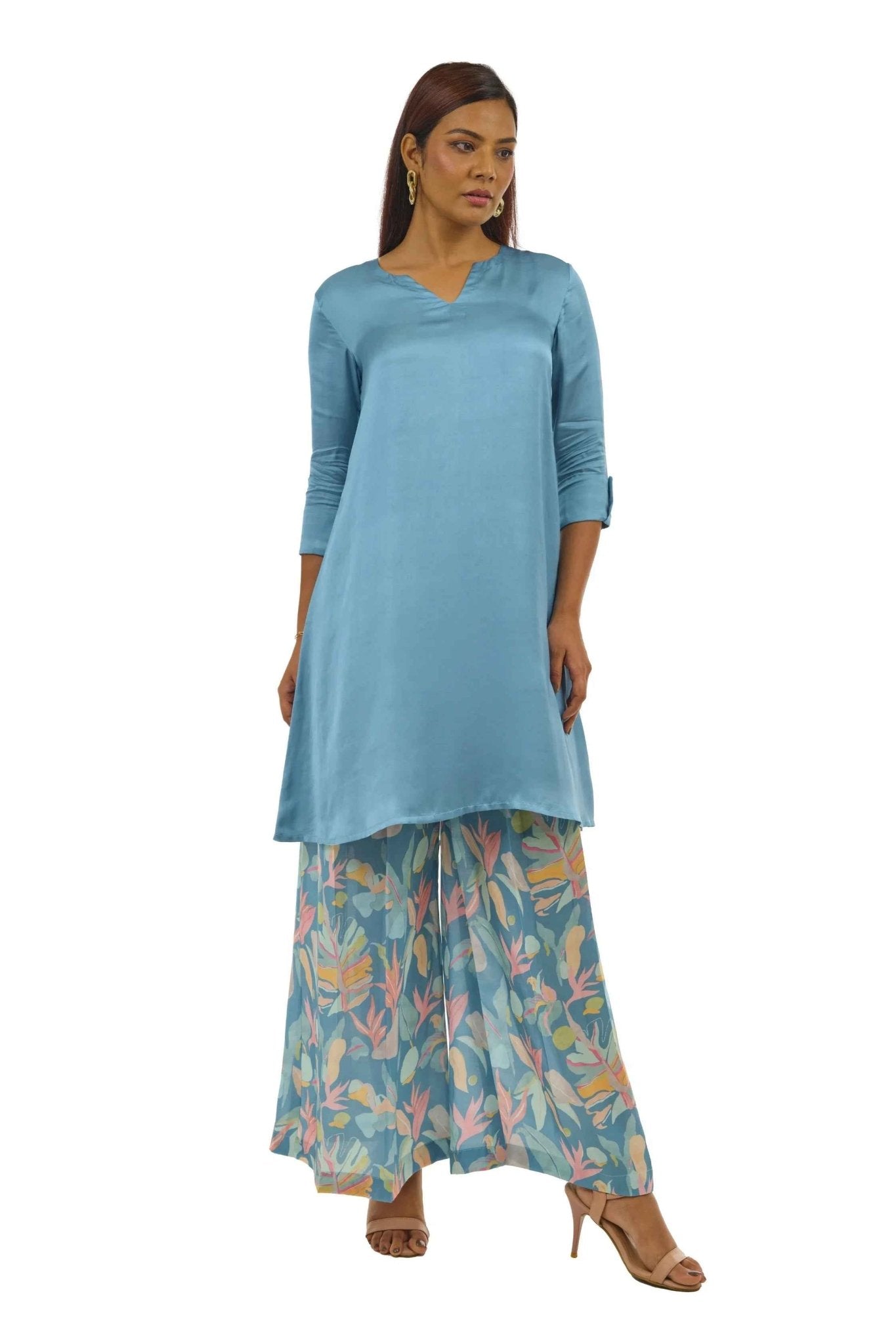 Turquoise Blue Kurta Set – Embroidered Satin Ethnic Wear