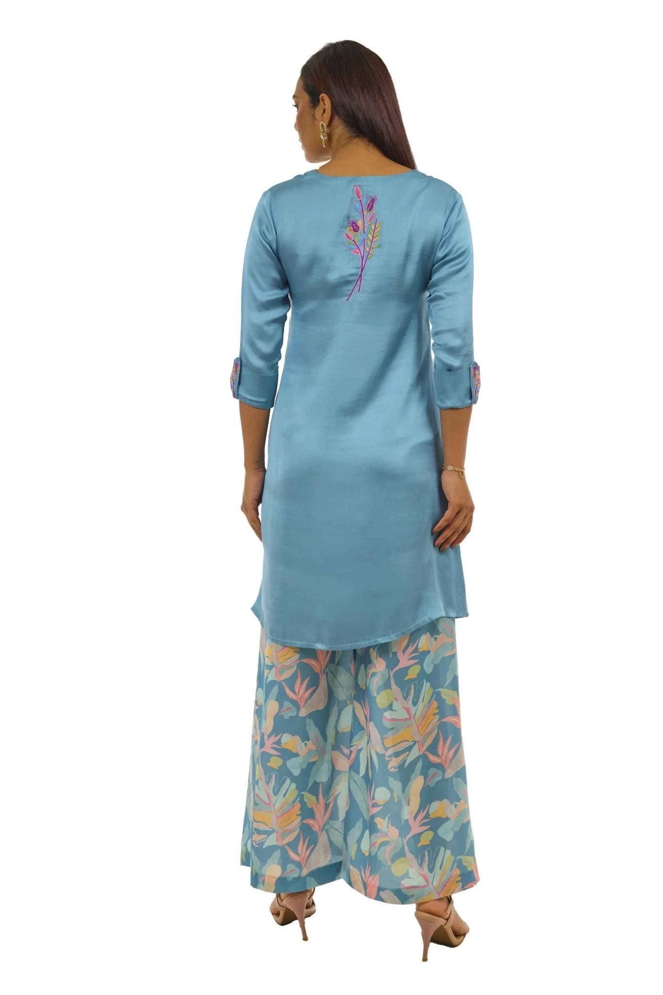 Turquoise Blue Kurta Set – Embroidered Satin Ethnic Wear