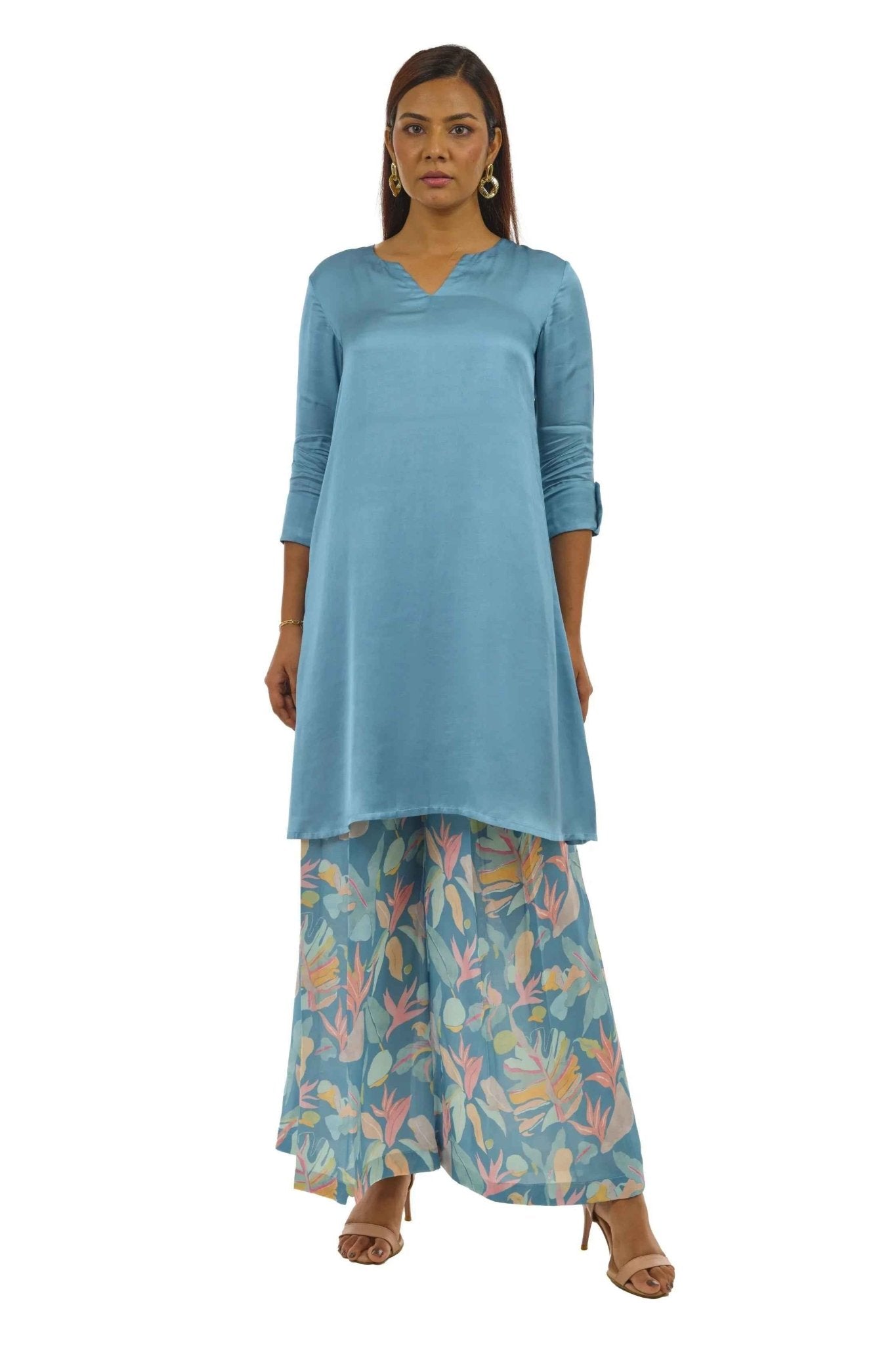 Turquoise Blue Kurta Set – Embroidered Satin Ethnic Wear