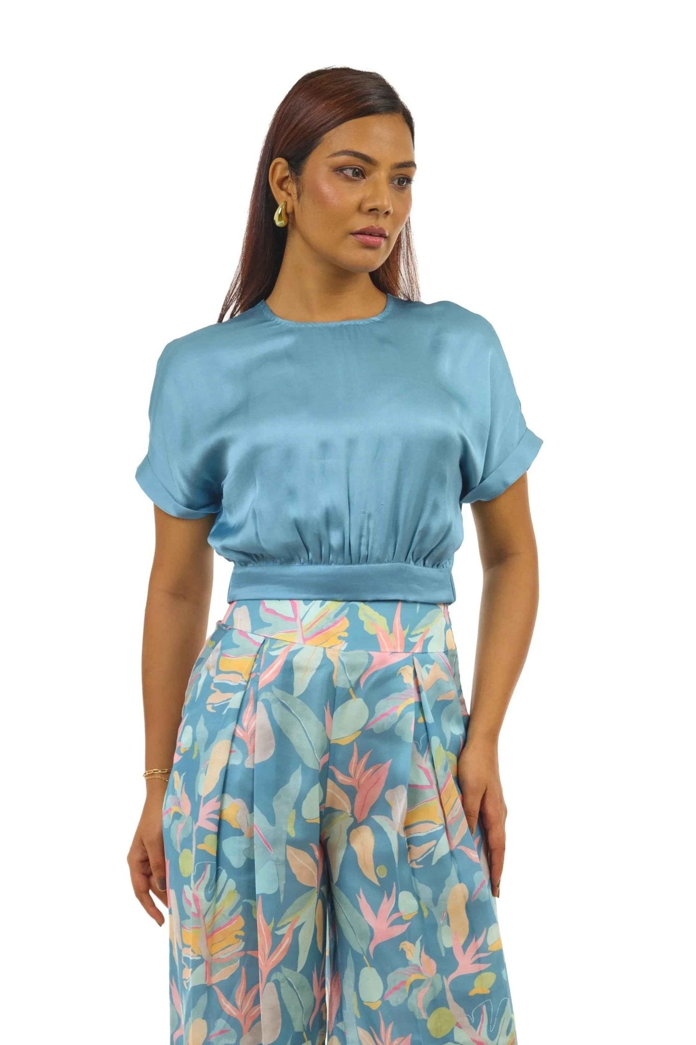 Turquoise Satin Crop Top – Chic & Stylish Women’s Wear
