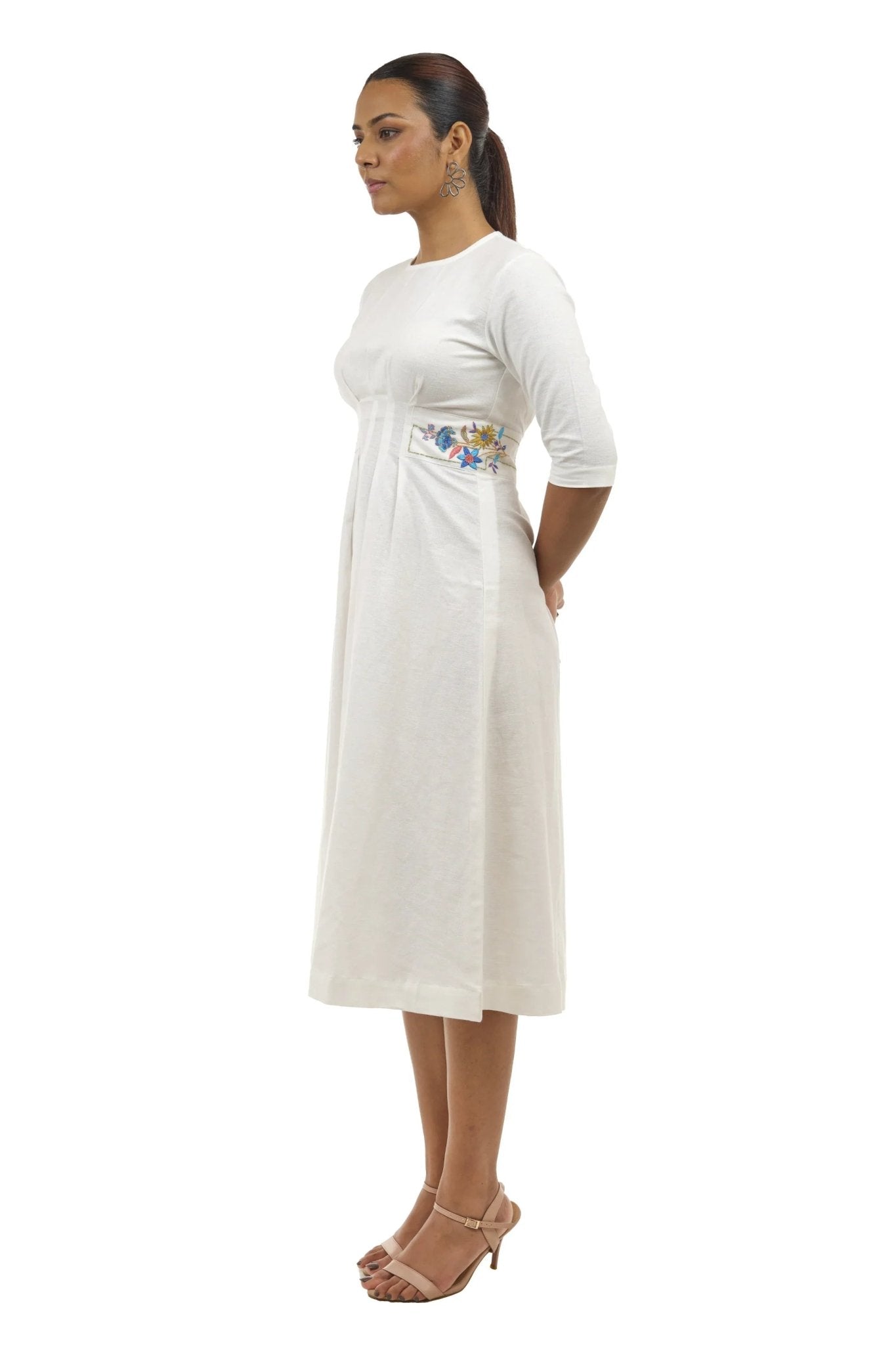 White Linen A - Line Dress – Embroidered Summer Outfit