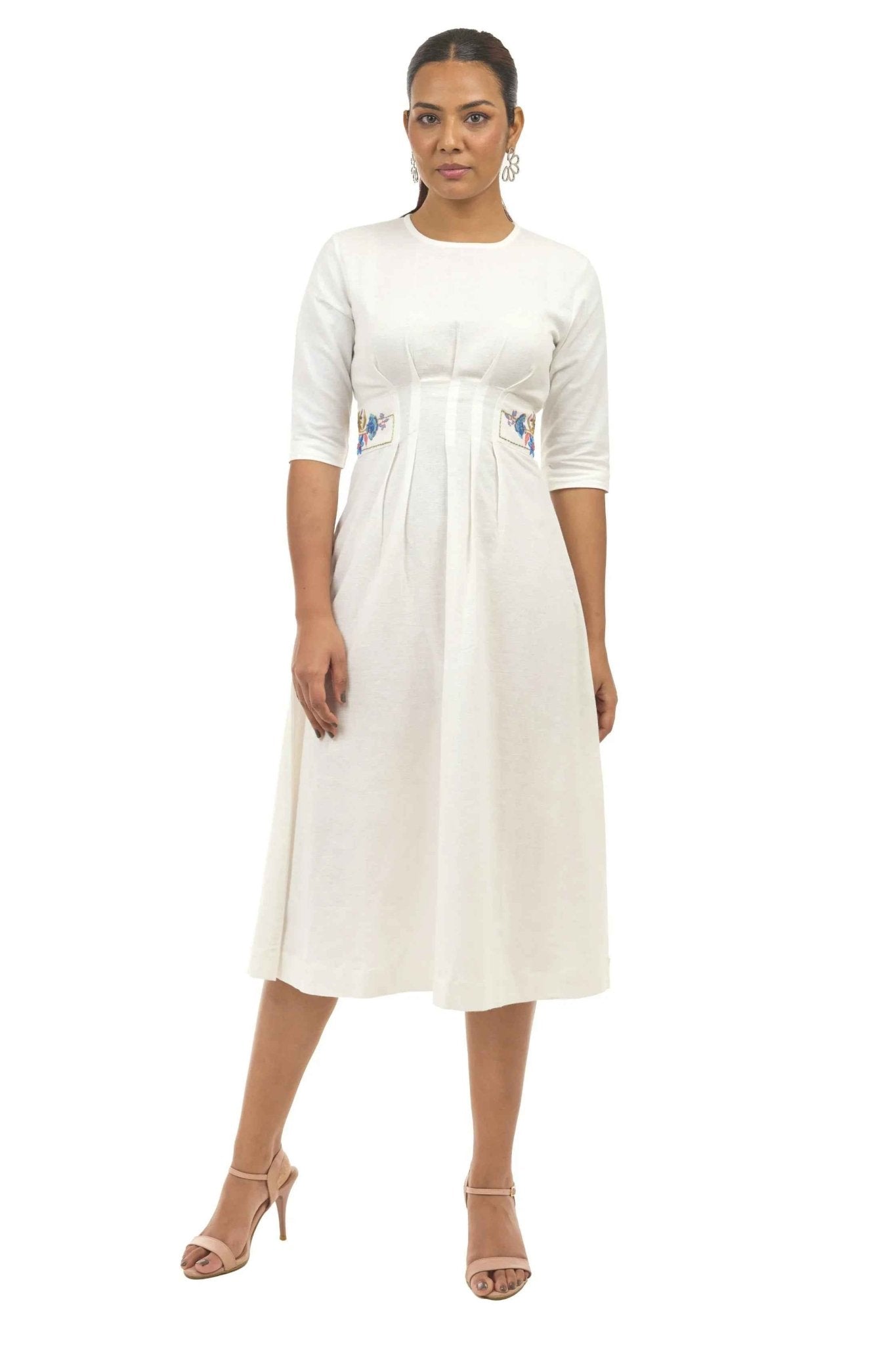 White Linen A - Line Dress – Embroidered Summer Outfit
