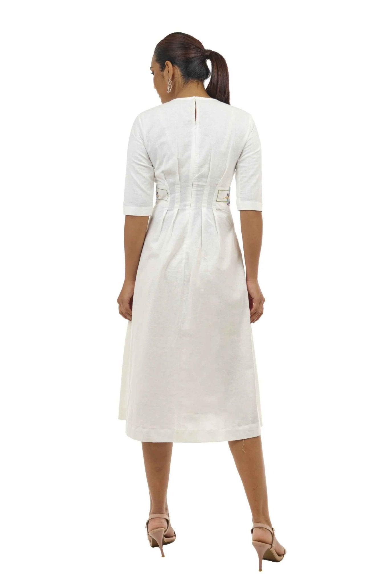 White Linen A - Line Dress – Embroidered Summer Outfit