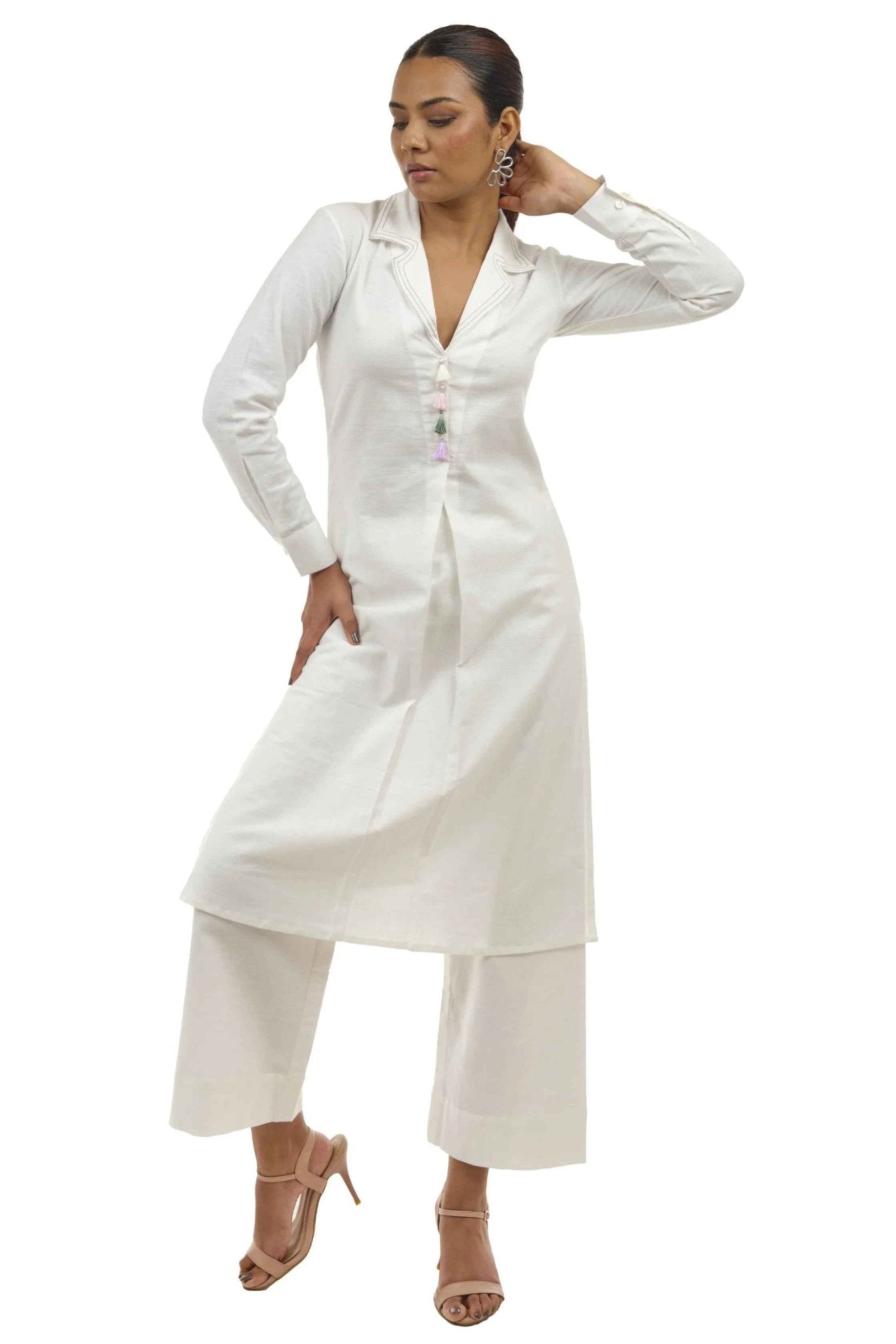 White Linen Coat Collar Kurta and Pallazo Co - ord Set