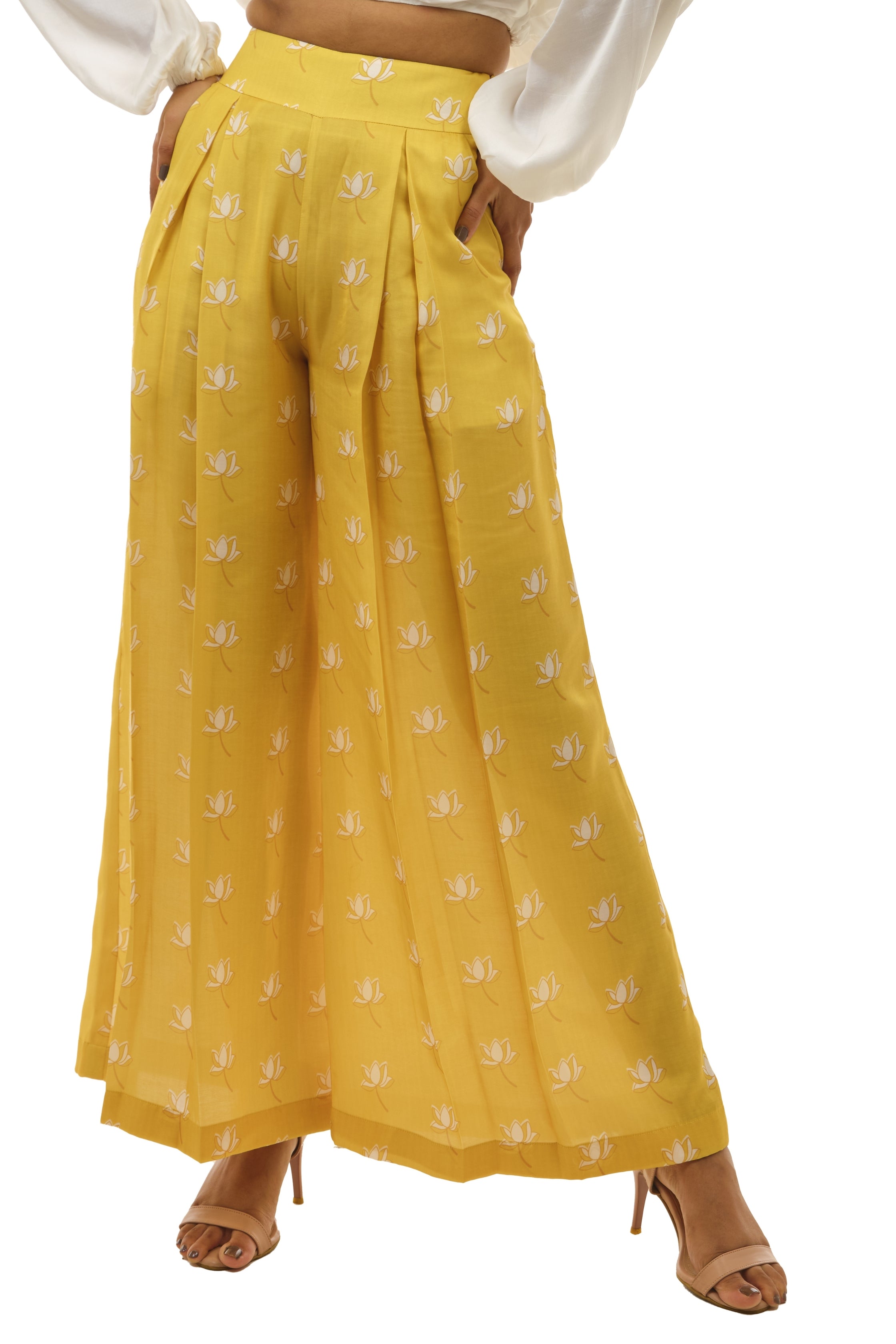yellow flared palazzo pants